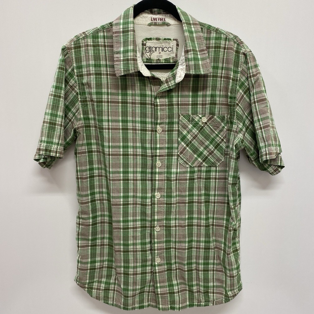 Gramicci Green Plaid Cotton Men's M Button Short Sleeve Shirt Hiking Climbing
